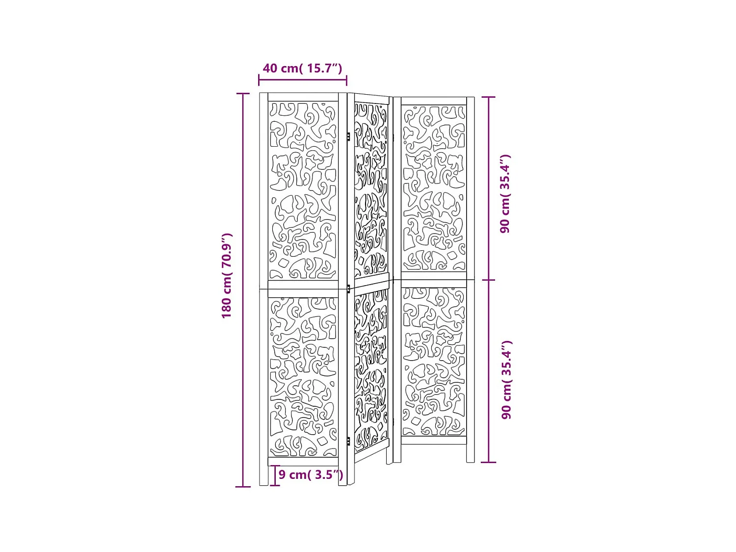 Divisória preta com 3 painéis em madeira maciça de paulownia