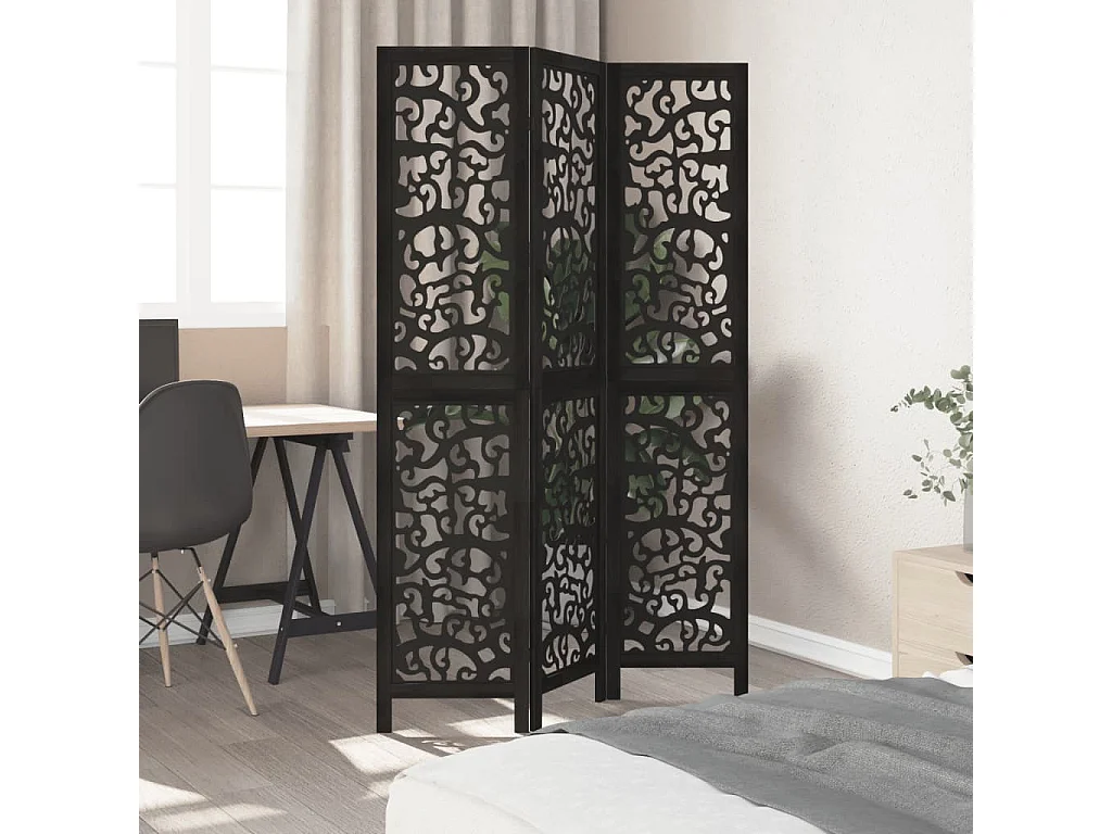 Parete divisoria nera a 3 pannelli in legno massello di paulownia
