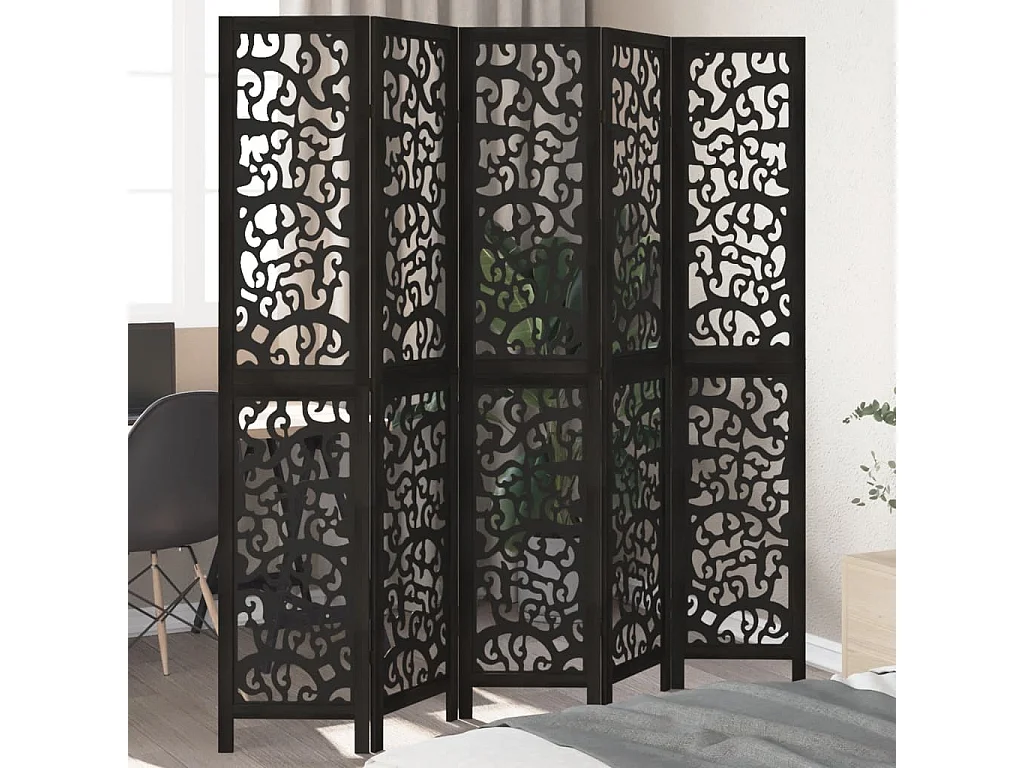 Cloison de séparation 5 panneaux noir bois de paulownia massif