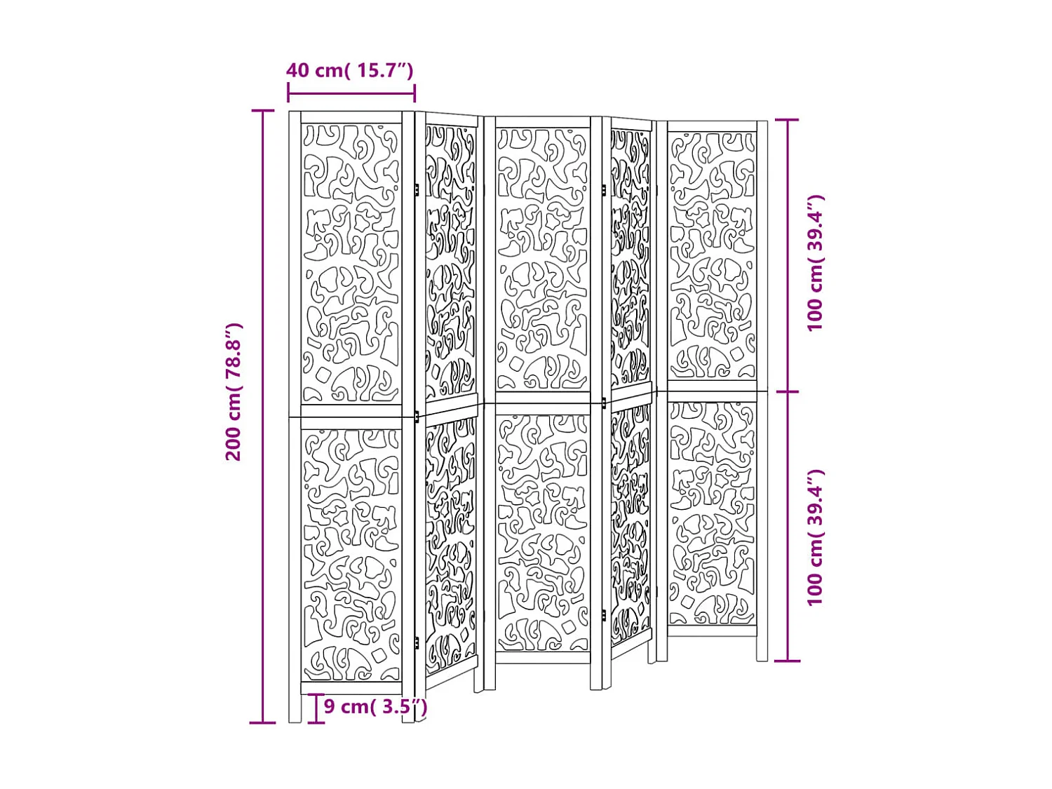 Cloison de séparation 5 panneaux noir bois de paulownia massif