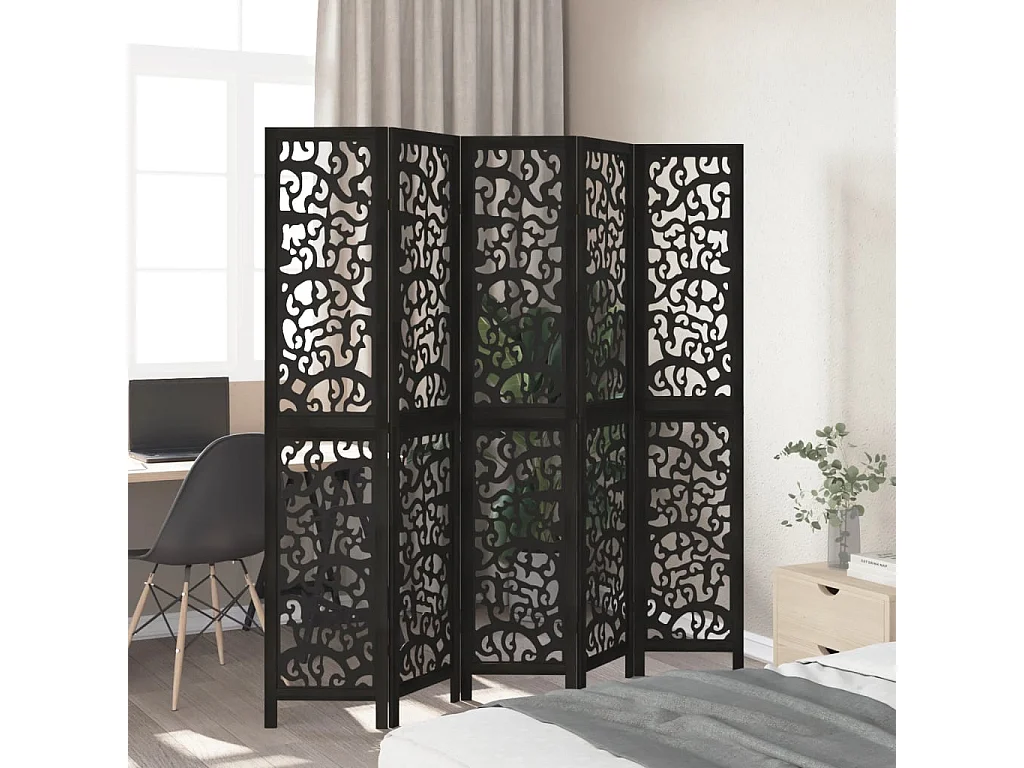 Cloison de séparation 5 panneaux noir bois de paulownia massif