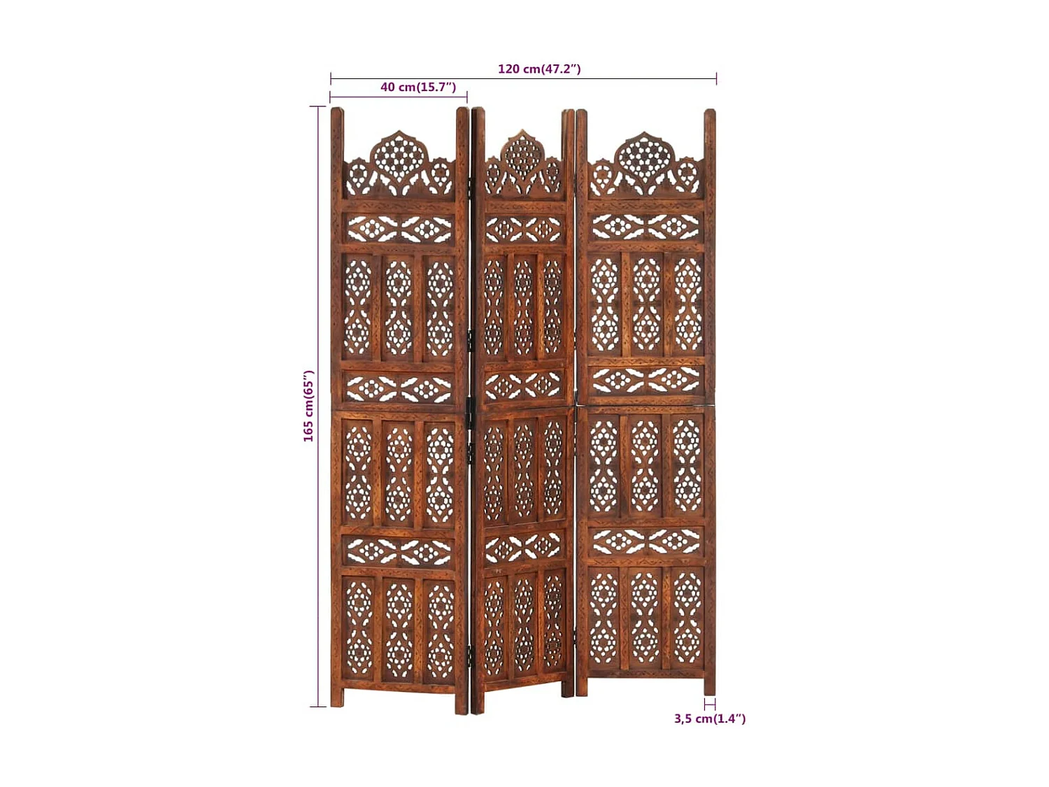 Parete divisoria 3 pannelli Marrone 120x165 cm Legno di mango