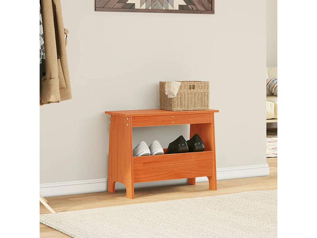 Banco de entrada em cera castanha 60x28x45 cm madeira maciça de pinho