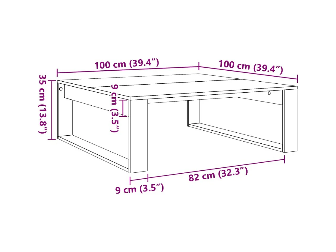 Table basse chêne artisanal 100x100x35 cm bois d'ingénierie