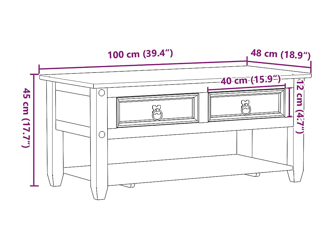Tavolino con Cassetti Corona 100x48x45cm Legno Massello di Pino