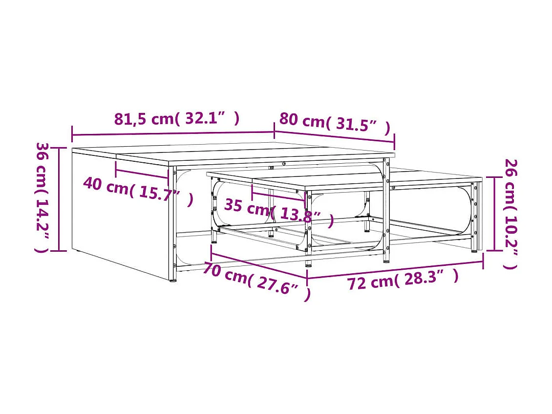 Tavolini Impilabili 2pz Neri in Legno Multistrato e Metallo