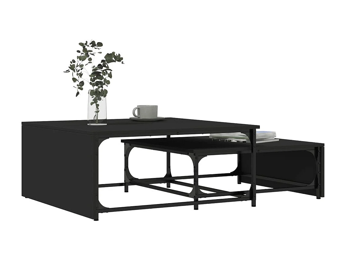 Tables basses gigognes 2 pcs noir bois d'ingénierie et métal