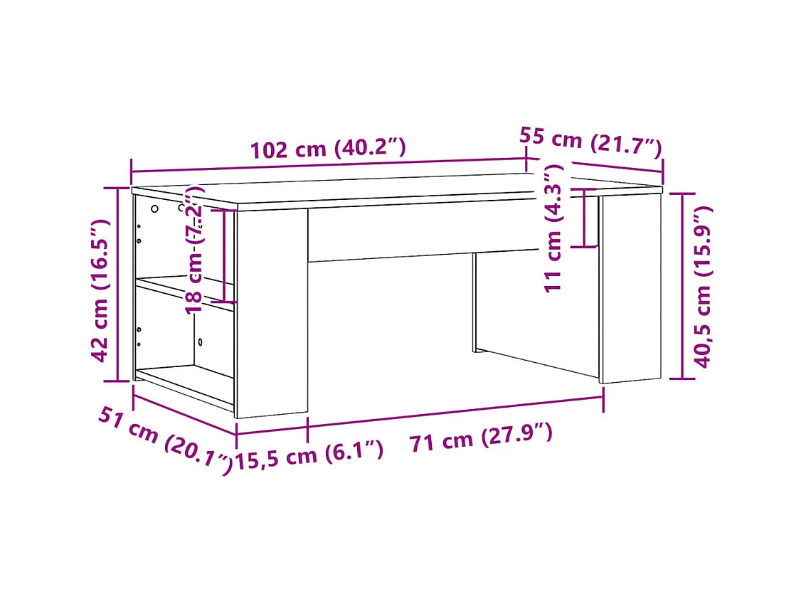 Table basse sonoma gris 102x55x42 cm bois d'ingénierie