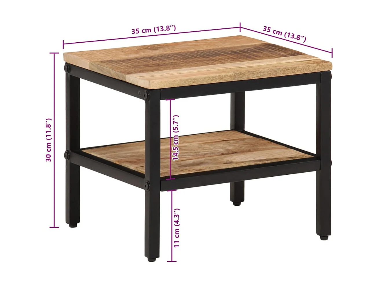 Mesa de centro de madera maciza de mango rugosa 35x35x30 cm