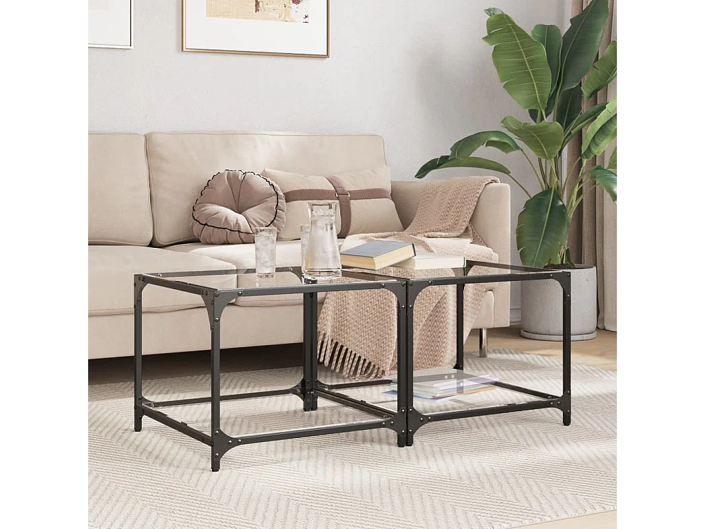 Tables basses avec dessus en verre transparent 2 pcs acier