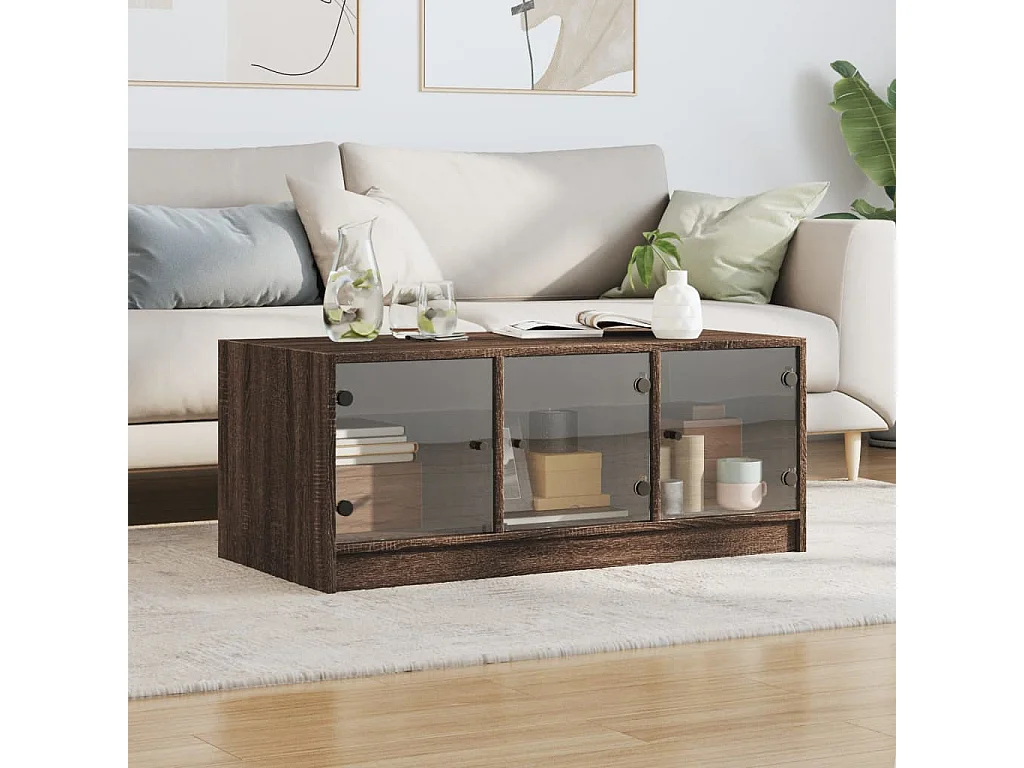 Table basse avec portes en verre chêne marron 102x50x42 cm