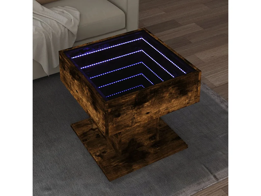 Salontafel met LED 50x50x45 cm bewerkt hout gerookt eikenkleur