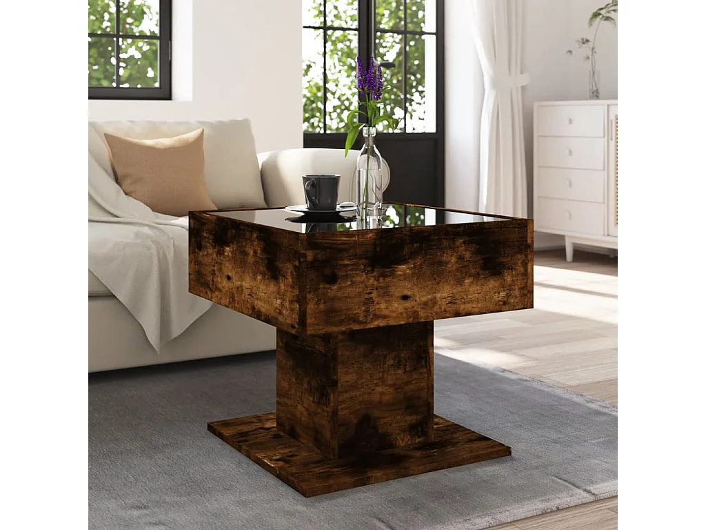 Salontafel met LED 50x50x45 cm bewerkt hout gerookt eikenkleur