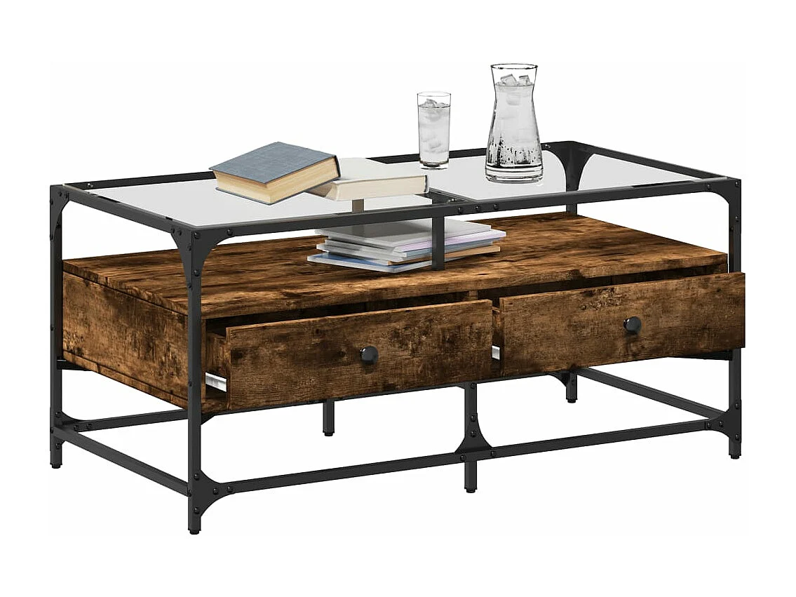 Table basse avec dessus en verre chêne fumé 98,5x50x45 cm acier