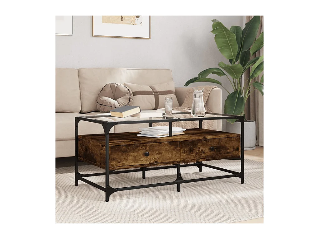 Table basse avec dessus en verre chêne fumé 98,5x50x45 cm acier