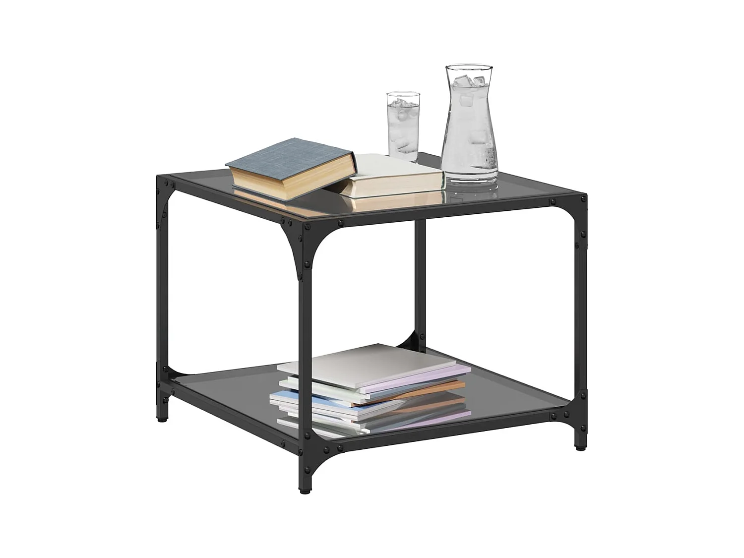 Salontafels 2 st met zwart glazen blad 50x50x40 cm staal