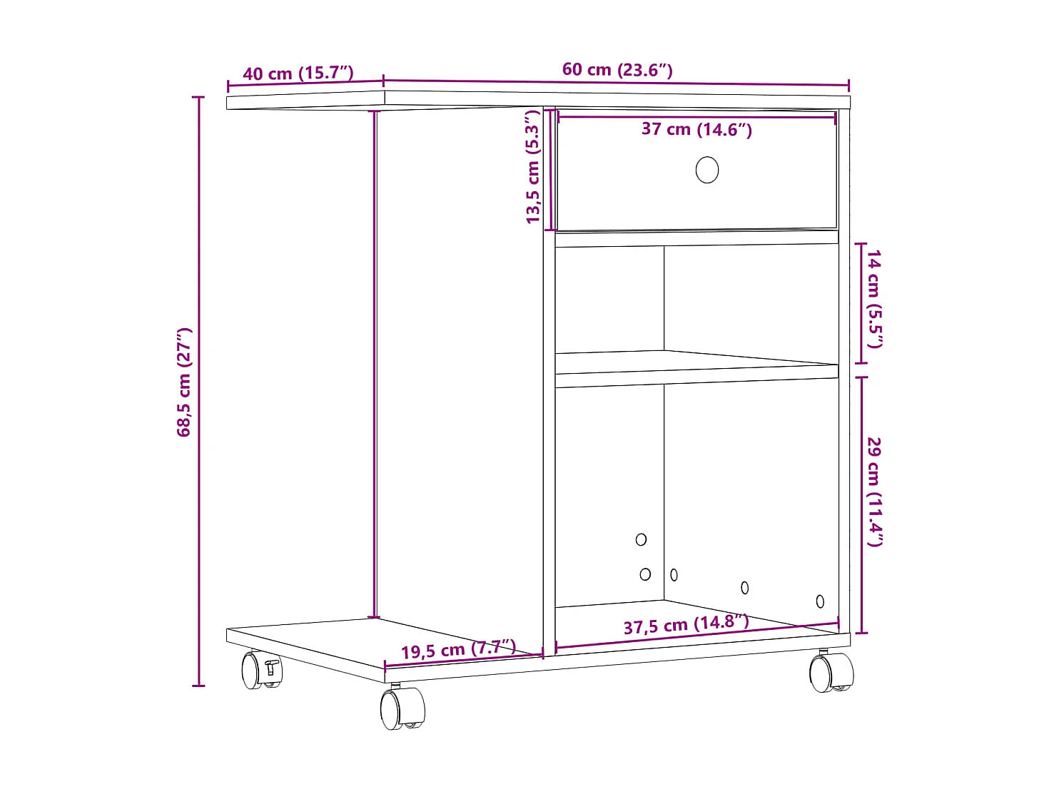 Support d'imprimante avec roulettes blanc 60x40x68,5 cm
