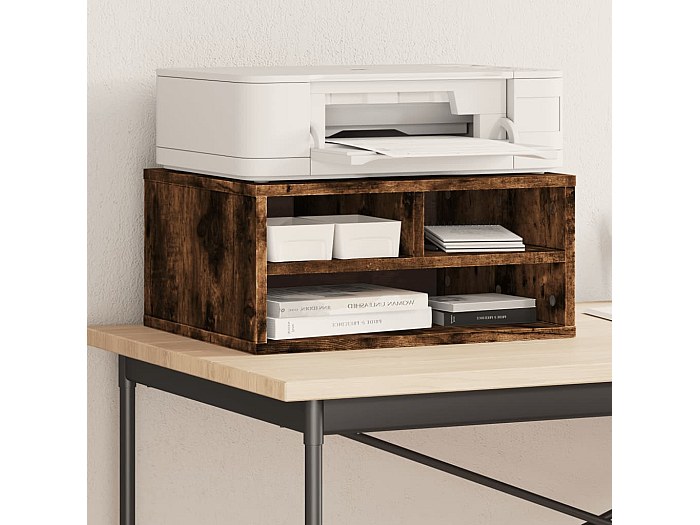 Support Imprimante Toshilian Chêne Fumé – Étagère Rangement 40x30x31 Cm, Bois Ingénierie Et Métal, Multifonction