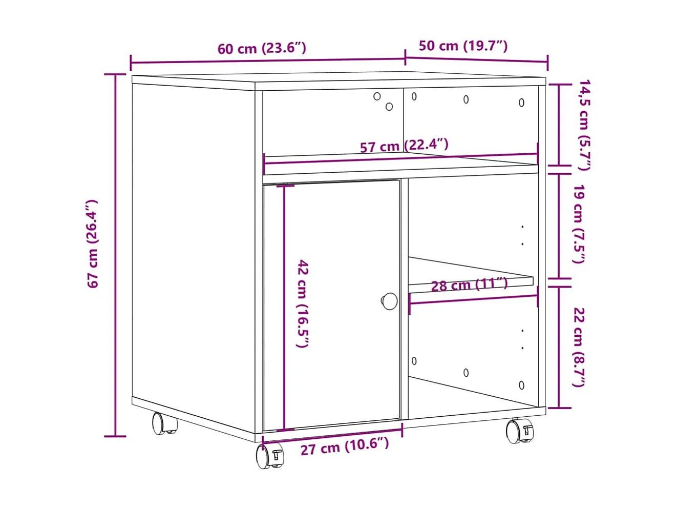 Support d'imprimante avec roulettes chêne fumé 60x50x67 cm