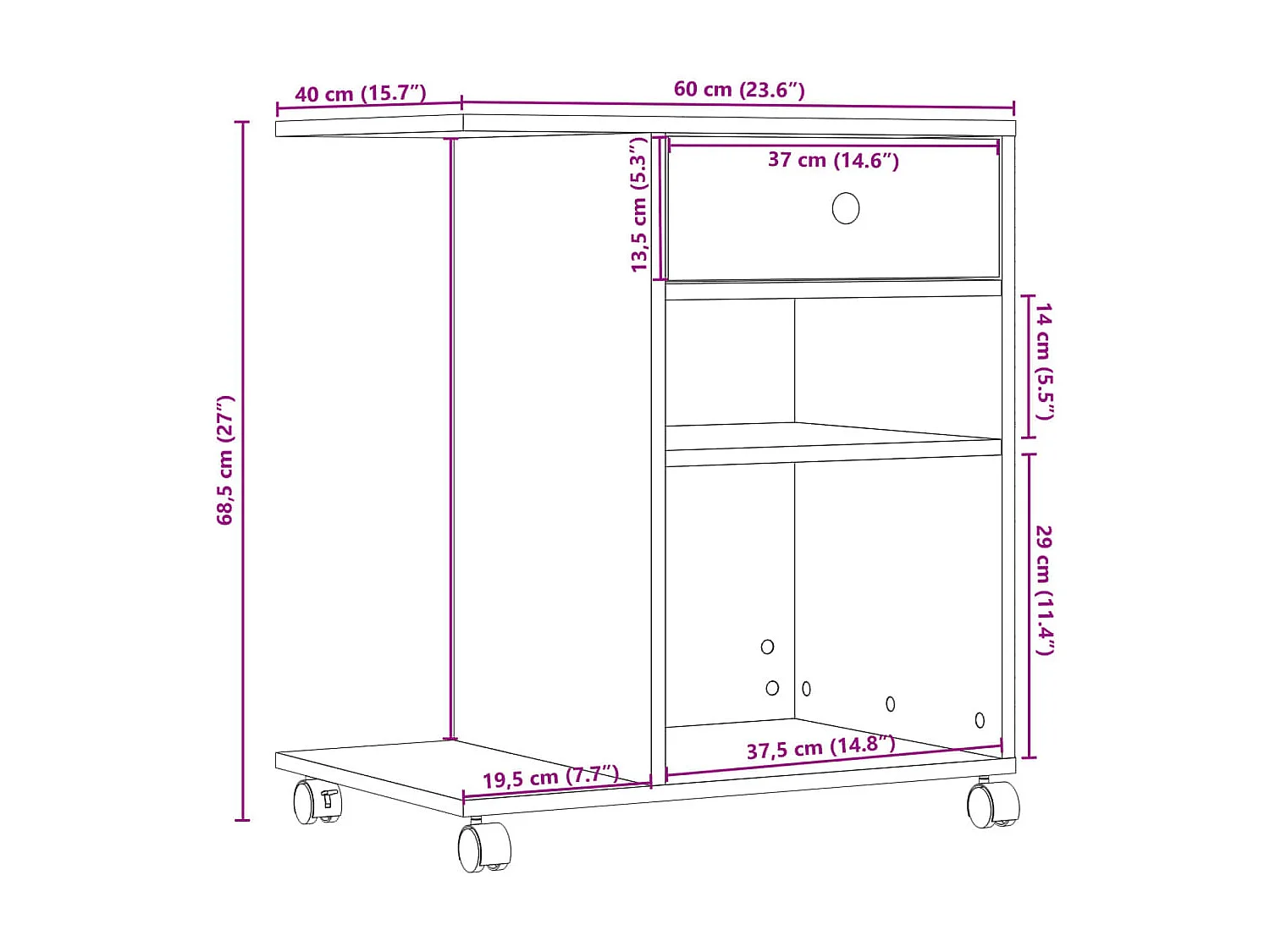 Support d'imprimante avec roulettes sonoma gris 60x40x68,5 cm