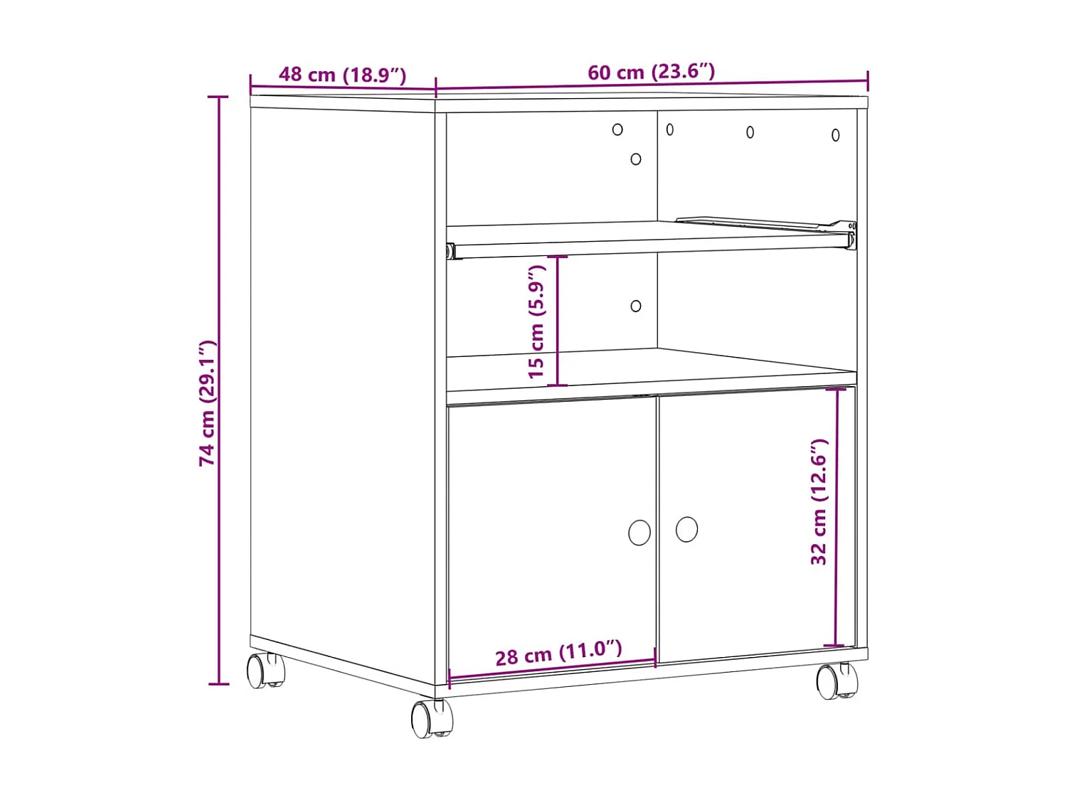 Support d'imprimante avec roulettes gris béton 60x48x74 cm