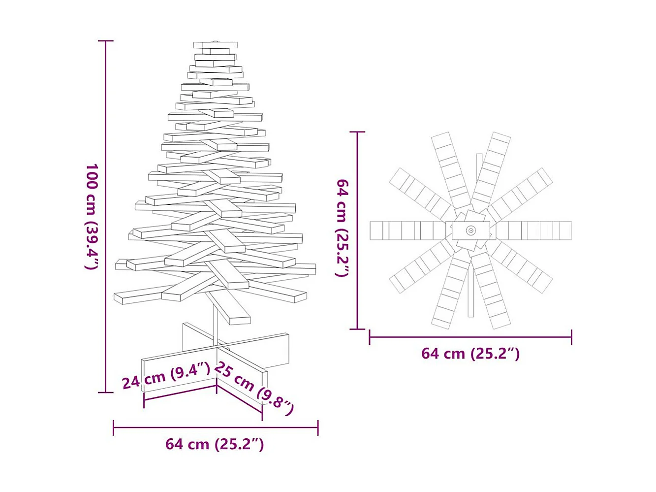 Albero di Natale in legno per decorazione bianco pino massiccio da 100 cm