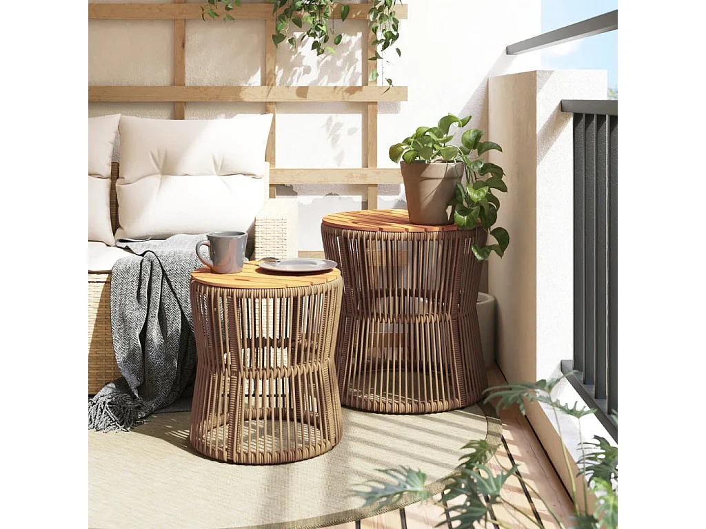 Tables d'appoint de jardin 2pcs dessus en bois beige poly rotin
