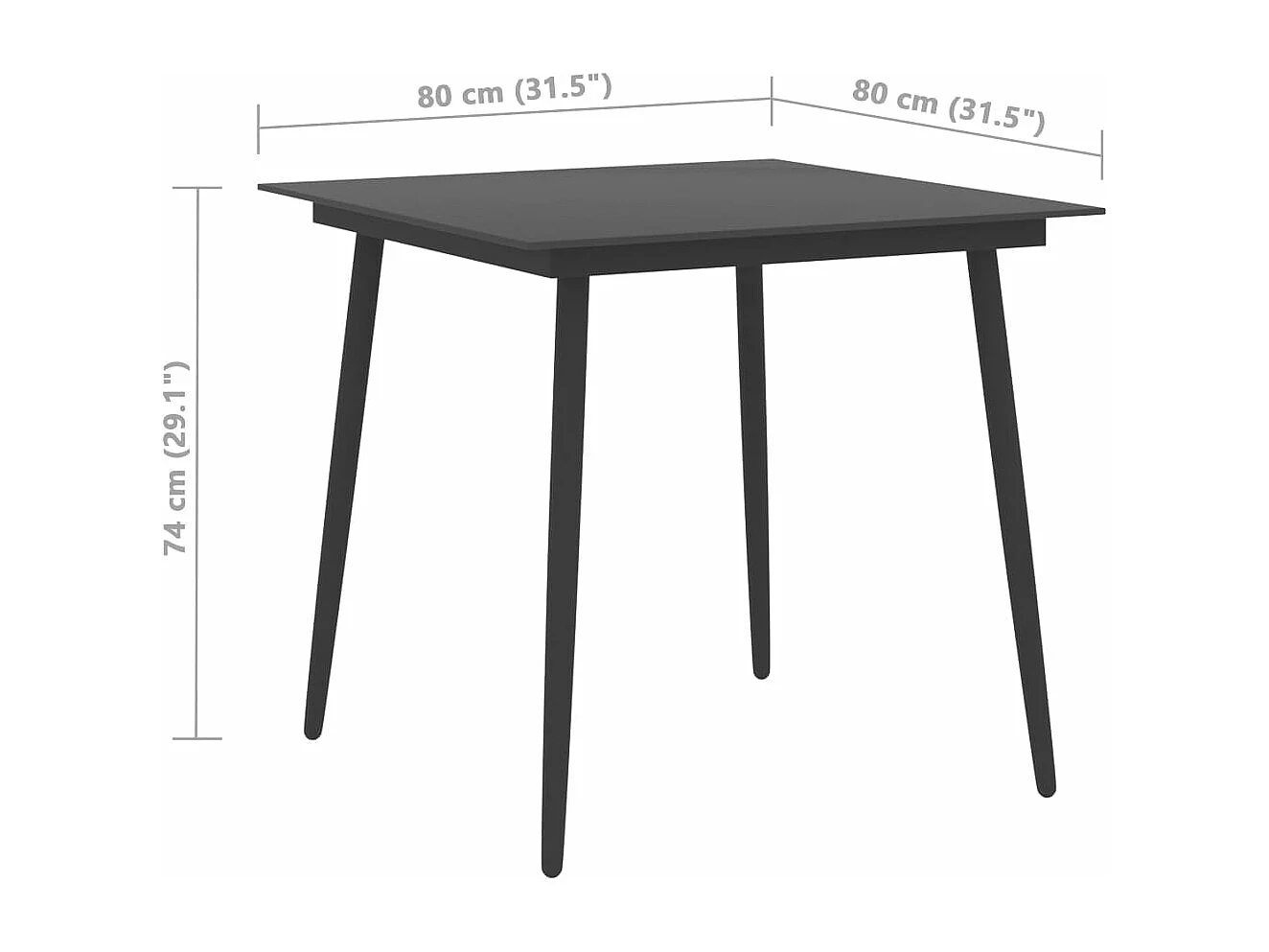 Table à dîner de jardin Noir 80x80x74 cm Acier et verre