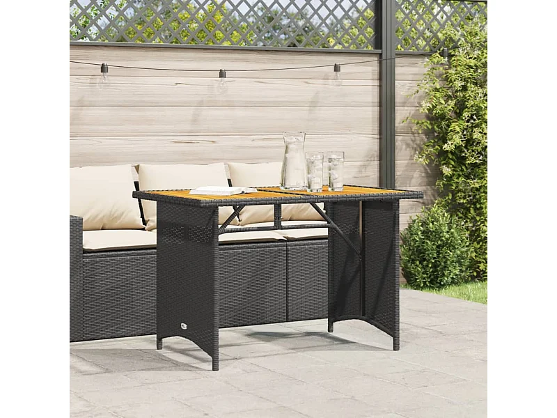 Mesa de jardim com tampo de madeira 110x68x70 cm vime PE preto