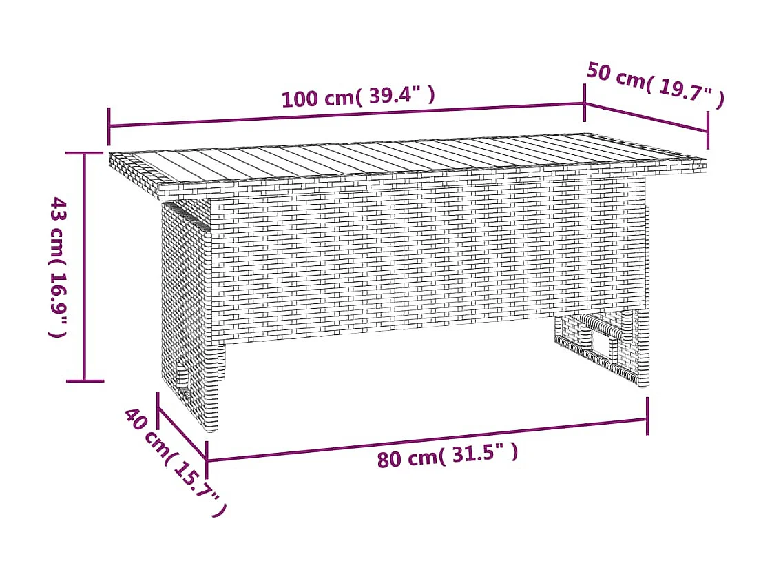 Tavolo Giardino Nero 100x50x43/63cm Massello Acacia Polyrattan