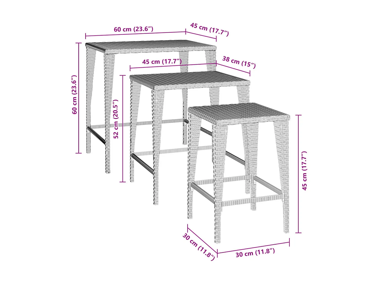 Tables gigognes de jardin 3 pcs noir résine tressée