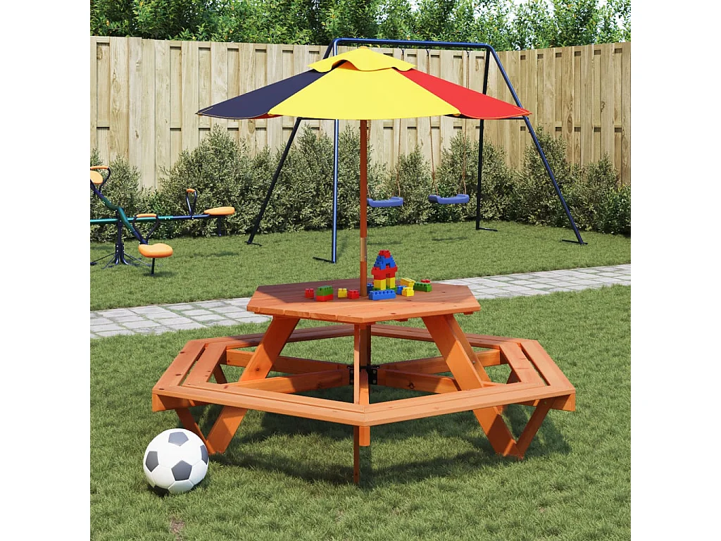 Table de pique-nique pour 6 enfants avec parasol hexagone sapin
