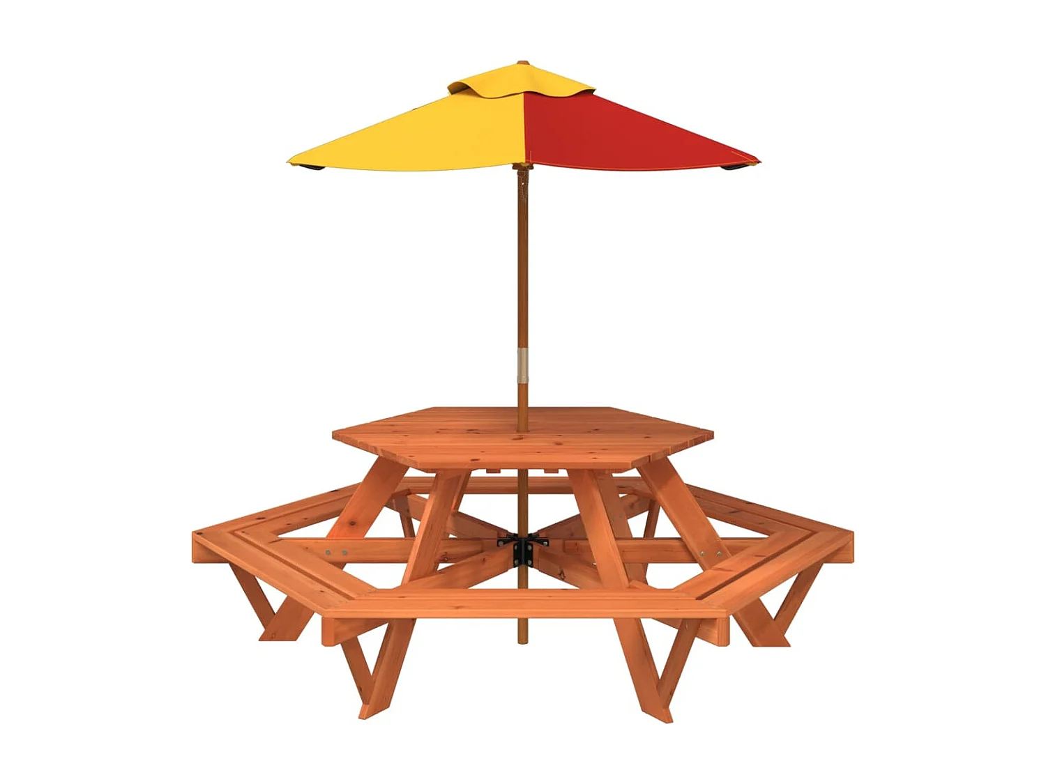 Table de pique-nique pour 6 enfants avec parasol hexagone sapin