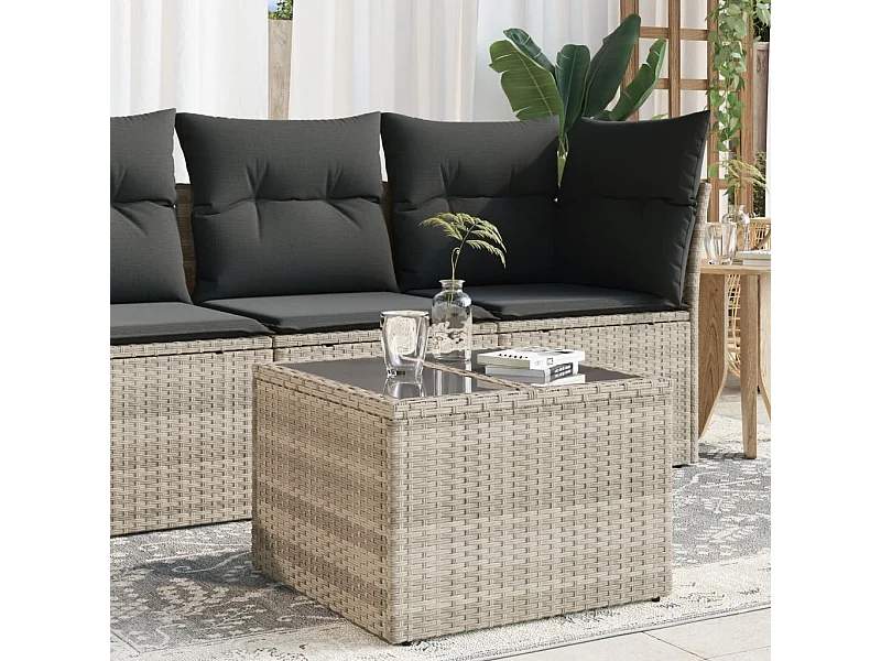 Mesa jardín superficie vidrio ratán PE gris claro 55x55x37 cm