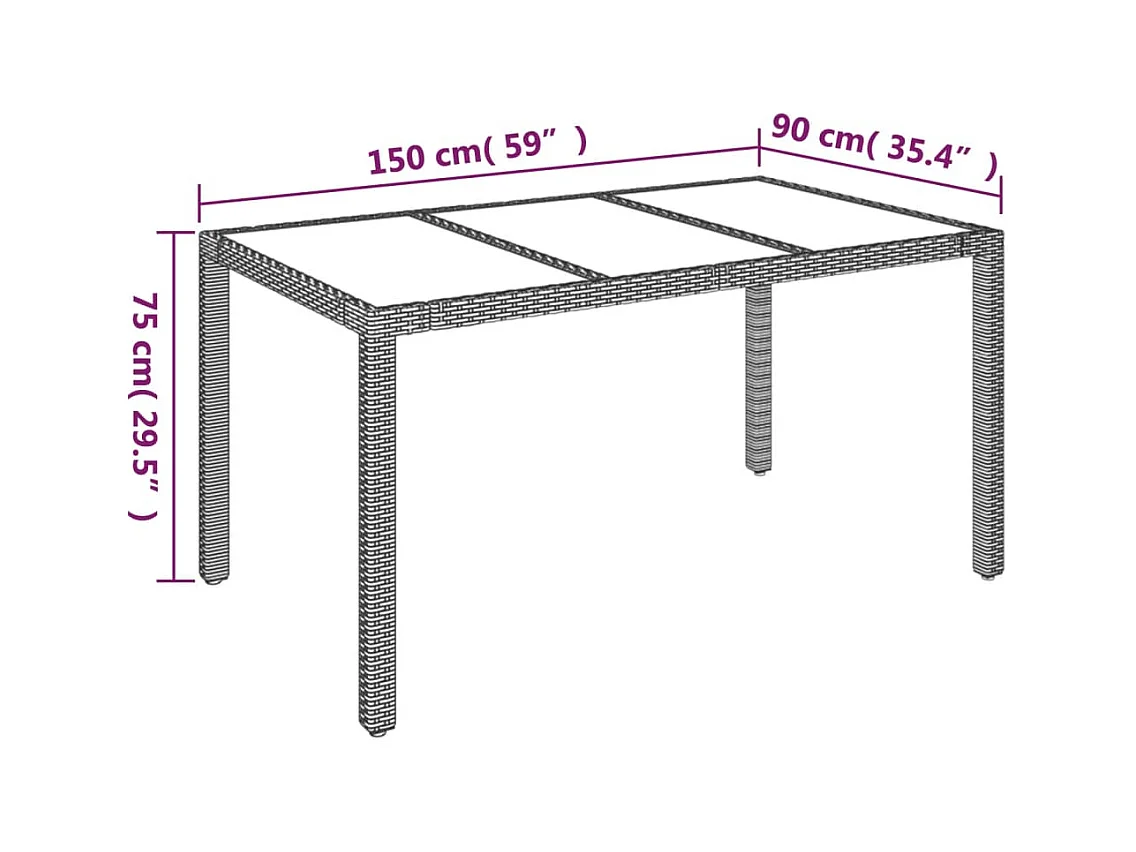 Mesa de jardim com tampo de vidro 150x90x75 cm vime PE cinzento