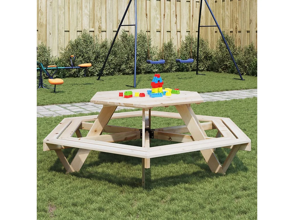 Table de pique-nique pour 6 enfants avec bancs hexagonal sapin