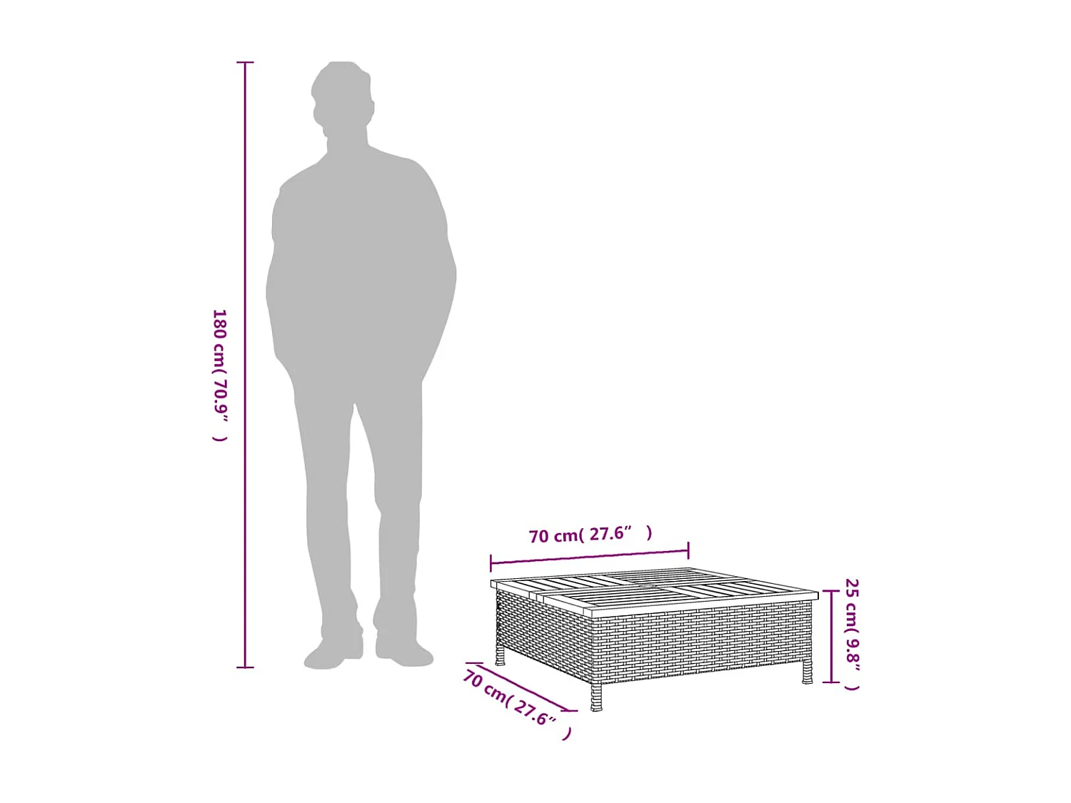 Mesa de jardín ratán y madera de acacia gris 70x70x25 cm