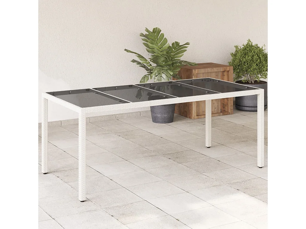 Mesa de jardín superficie de vidrio ratán PE blanco 190x90x75cm