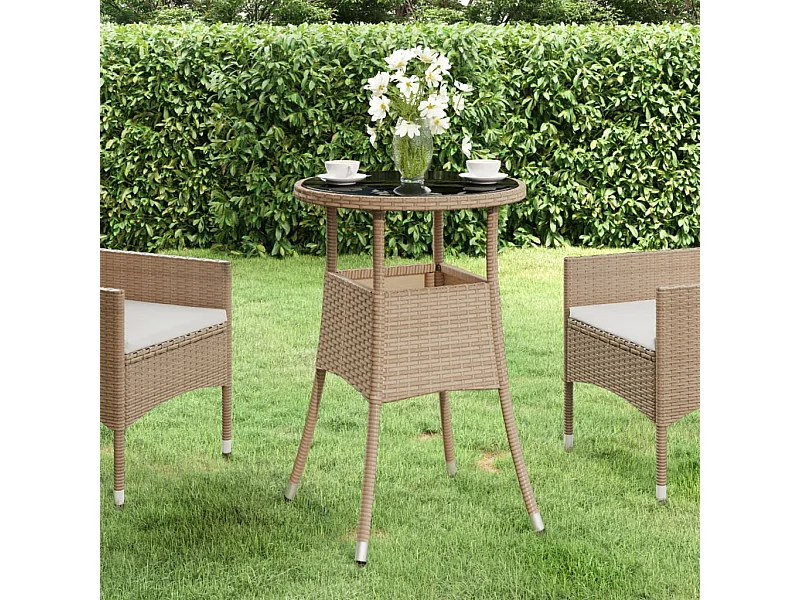 Tavolo da Giardino Ø60x75 cm Vetro Temperato e Polyrattan Beige