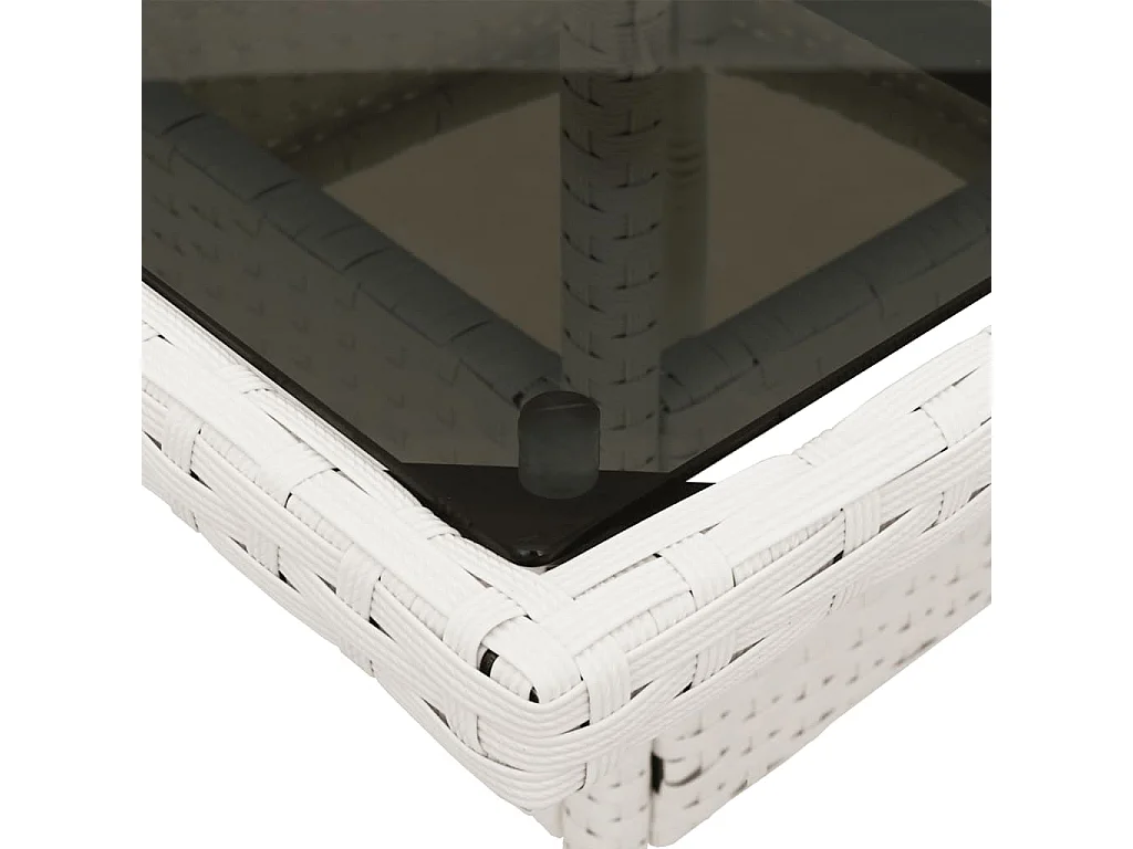 Mesa de jardín superficie de vidrio ratán PE blanco 80x80x75 cm