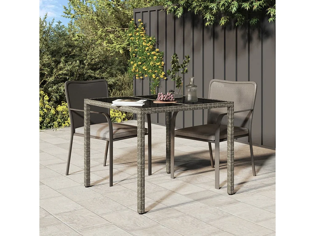 Table de jardin 90x90x75 cm Verre trempé et résine tressée Gris
