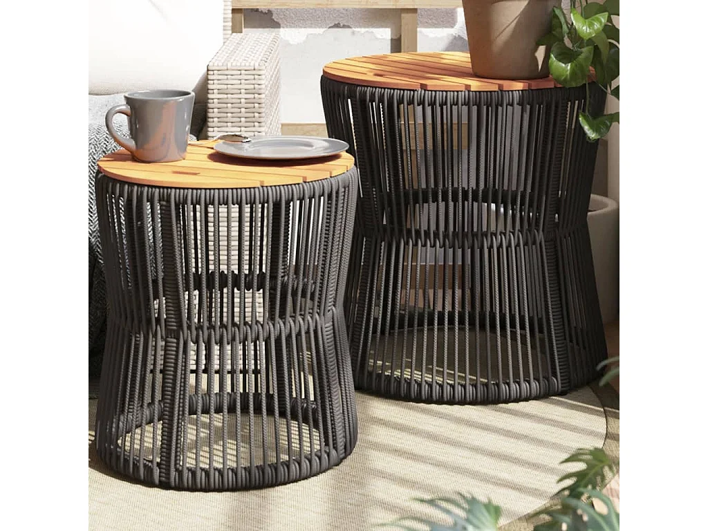 Garten-Beistelltische 2 Stk. mit Holzplatte Grau Poly Rattan