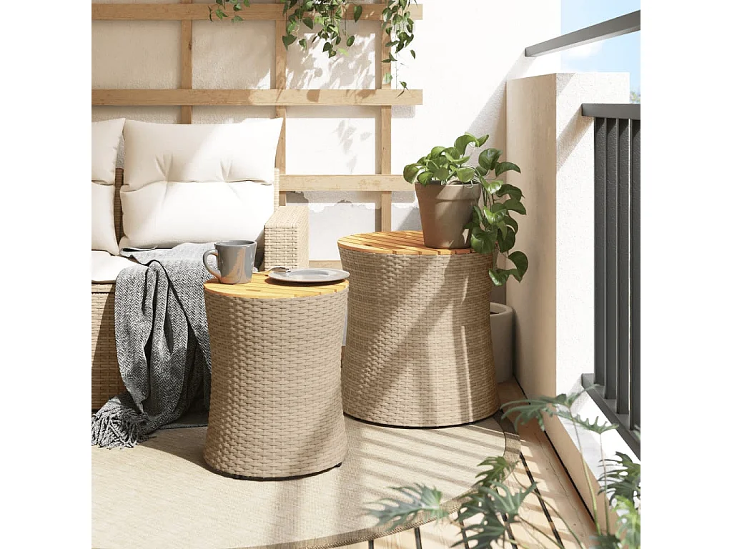 Tables d'appoint de jardin 2pcs dessus en bois beige poly rotin