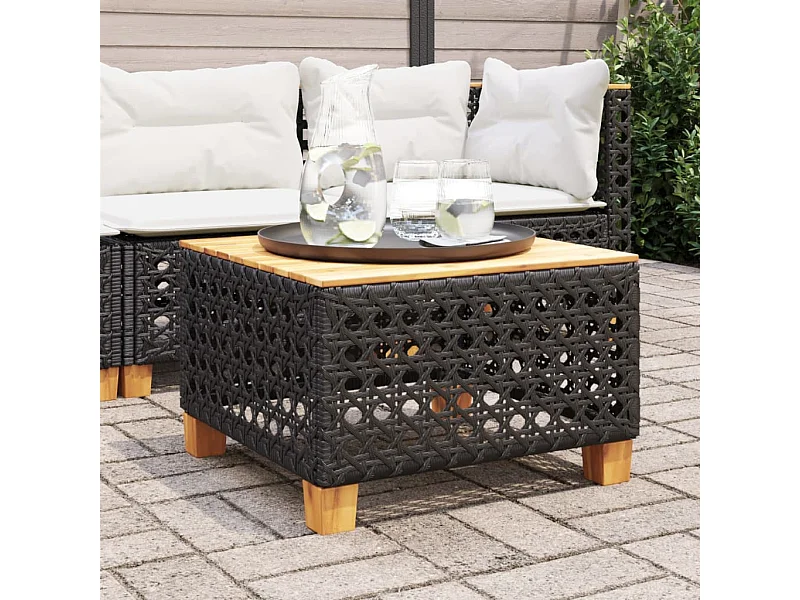 Table de jardin noir 55x55x36 cm résine tressée et bois acacia