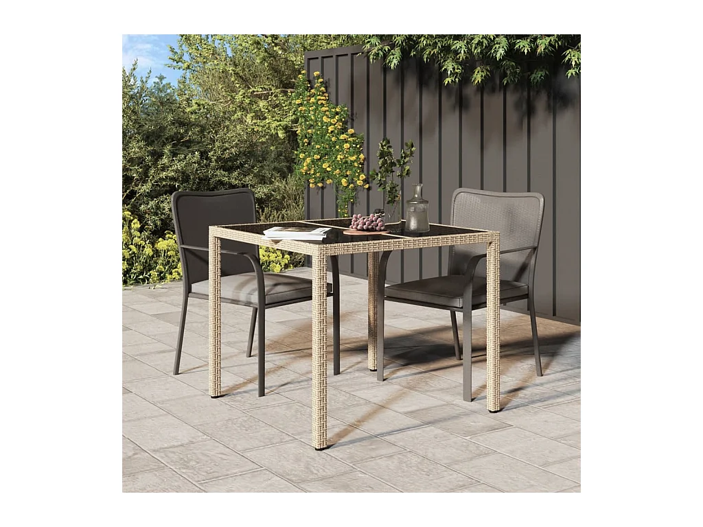 Gartentisch 90x90x75 cm Gehärtetes Glas Poly Rattan Beige