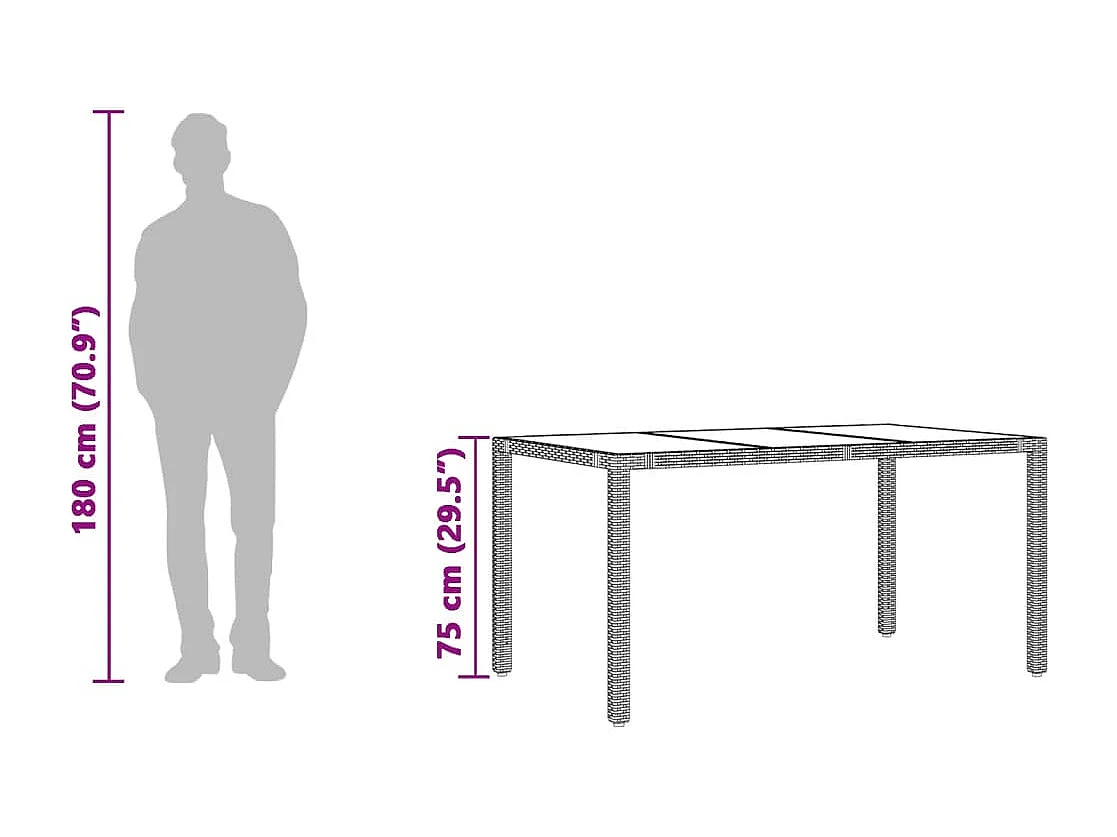 Mesa de jardim com tampo de vidro 150x90x75 cm vime PE cinzento