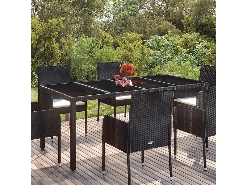 Table de jardin dessus en verre Noir 190x90x75cm Résine tressée