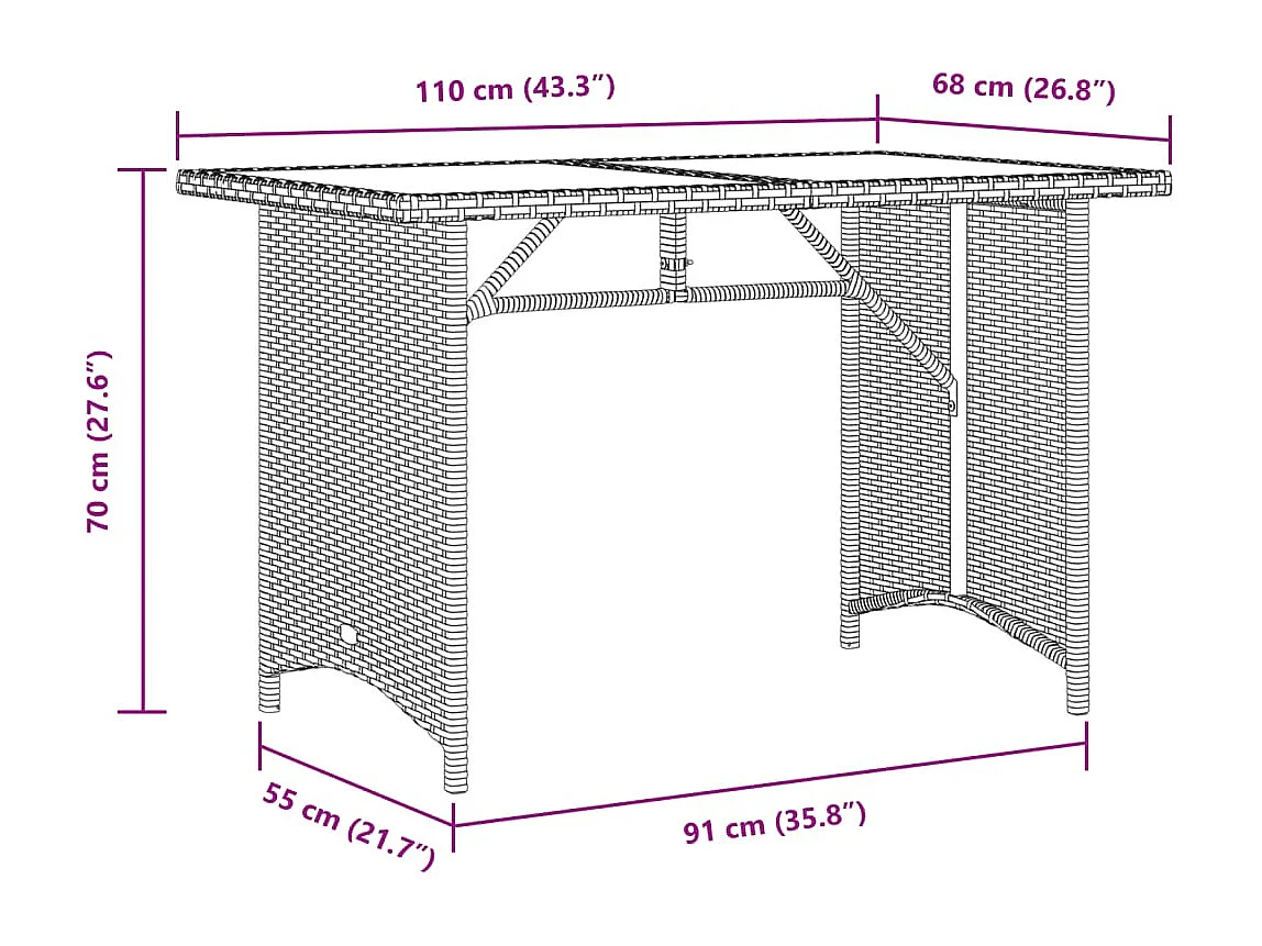 Table de jardin avec dessus en bois gris 110x68x70 cm rotin