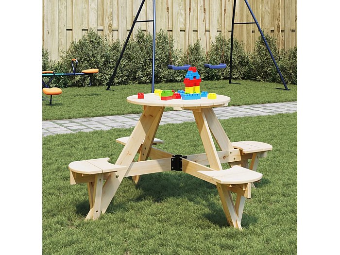 Table Pique-Nique Enfant 145x145cm - Bois Sapin, 3 Bancs, Trou Parasol, Jardin, Extérieur