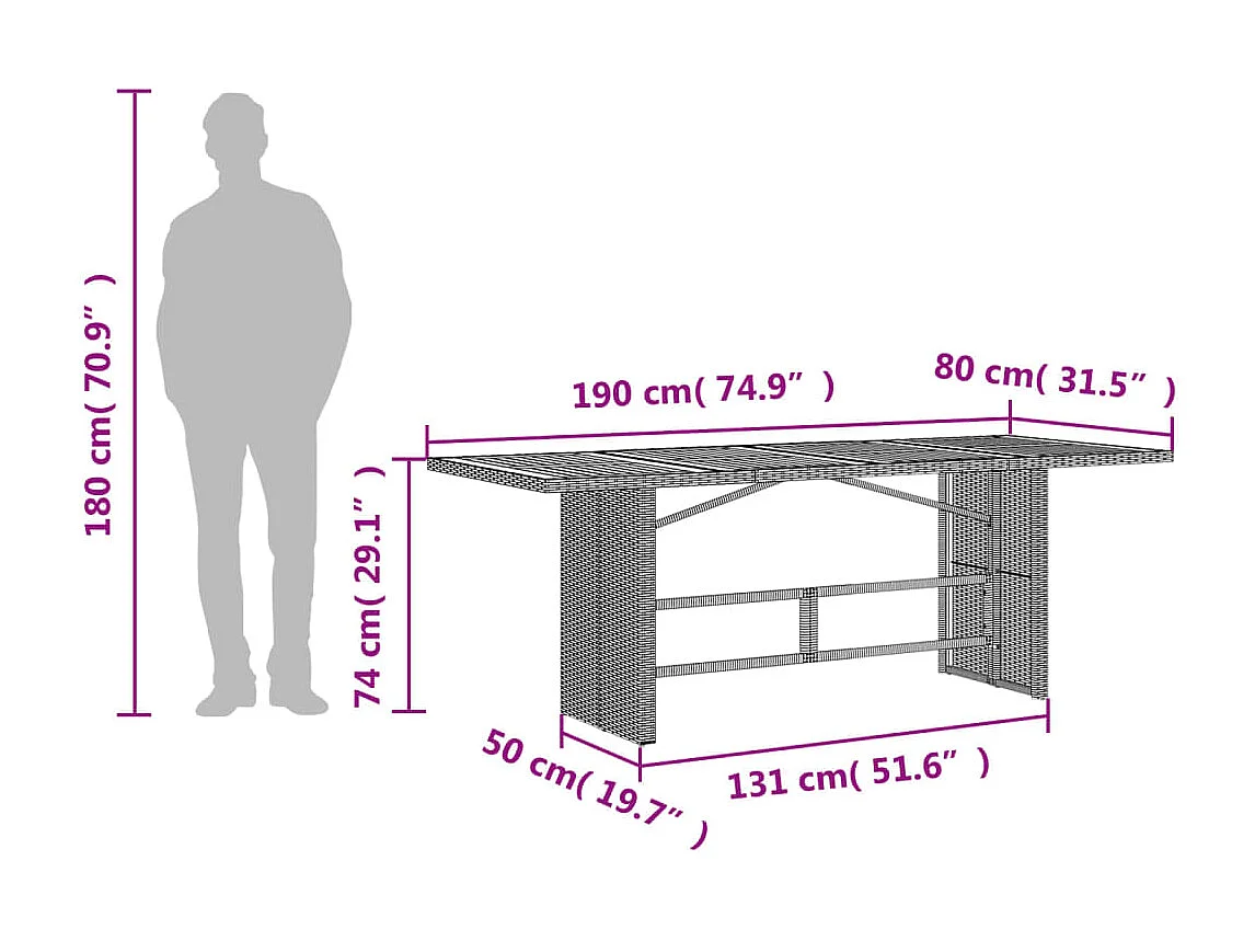 Mesa de jardim com tampo em acácia 190x80x74 cm vime PE preto